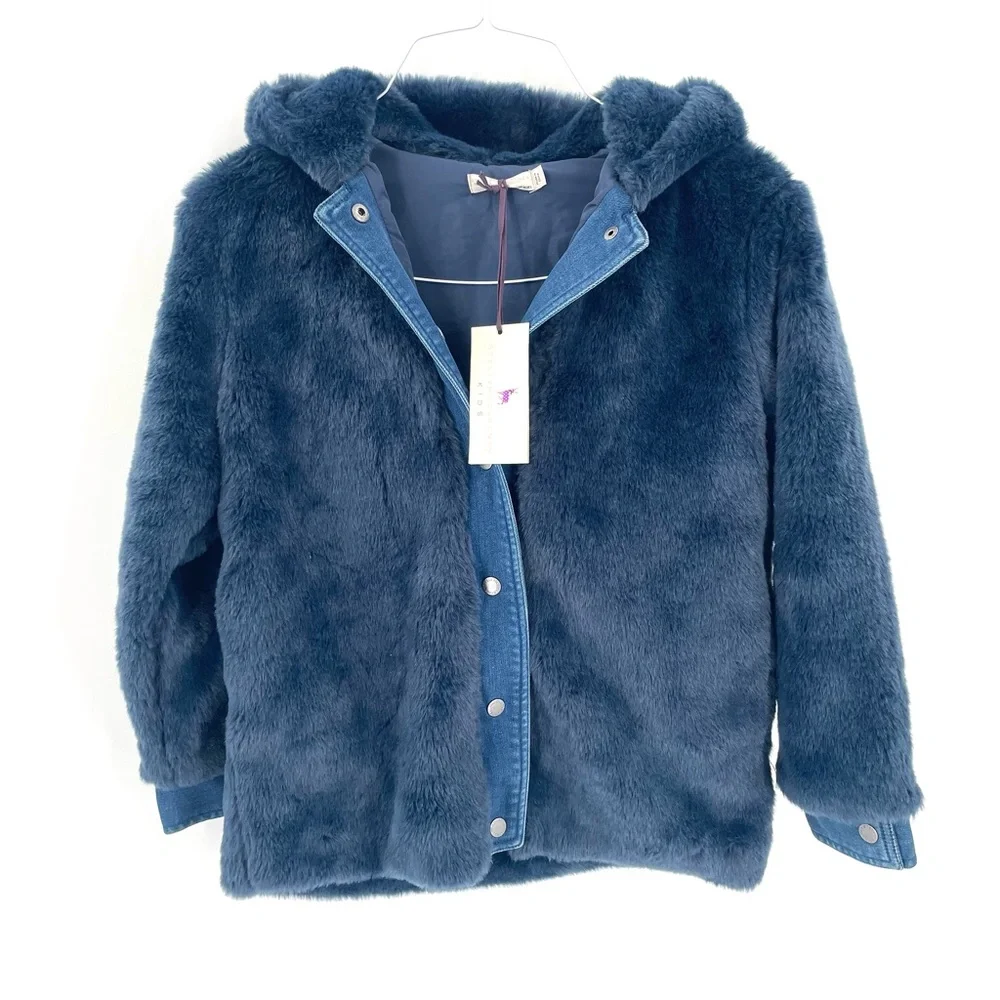 Stella McCartney Kids NWT Treasure Faux Fur Hooded Blue Denim Button Front Coat
